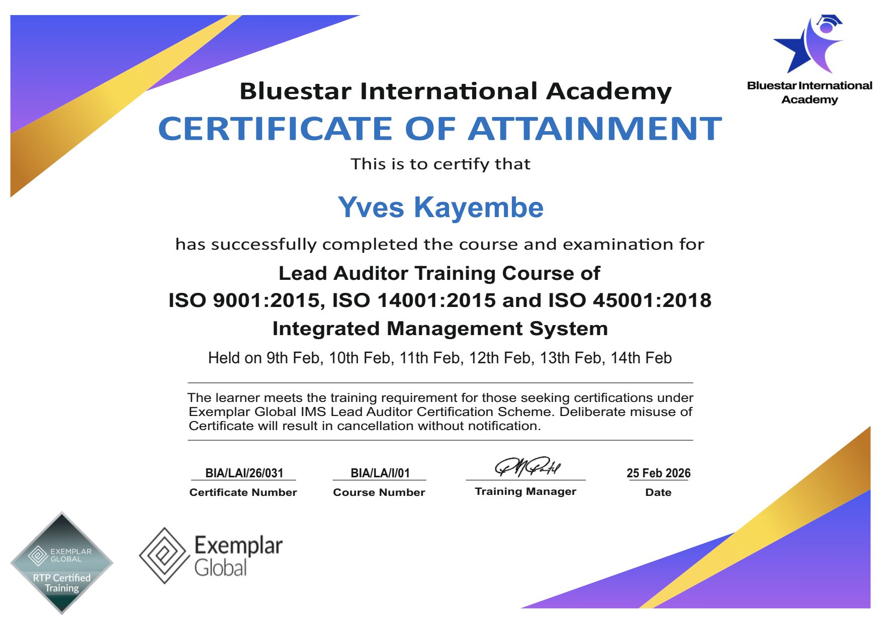 Certificat Lead Auditor